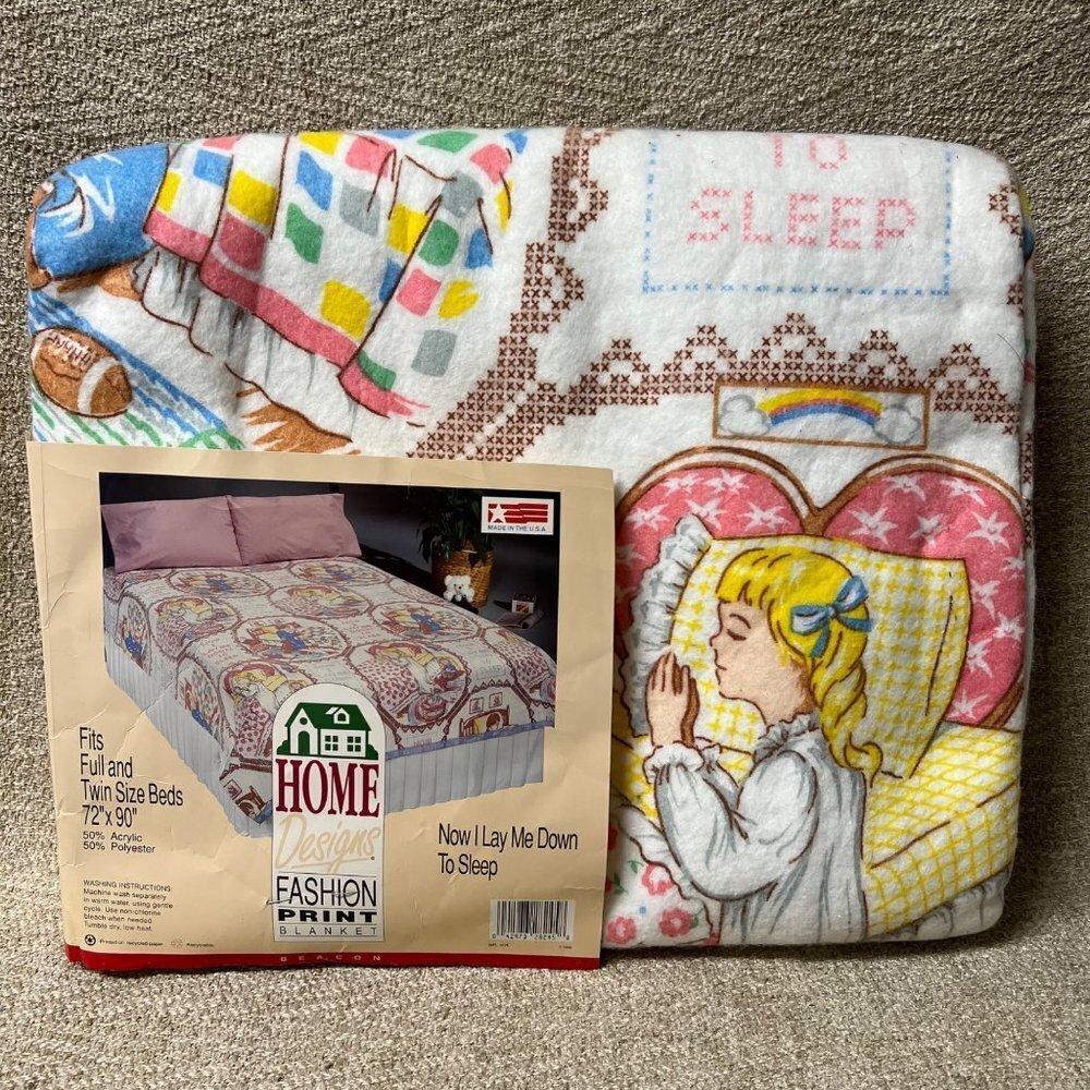 Vtg.Home Designs Blanket Now I Lay Me Down To Sleep Fits Full 72x90